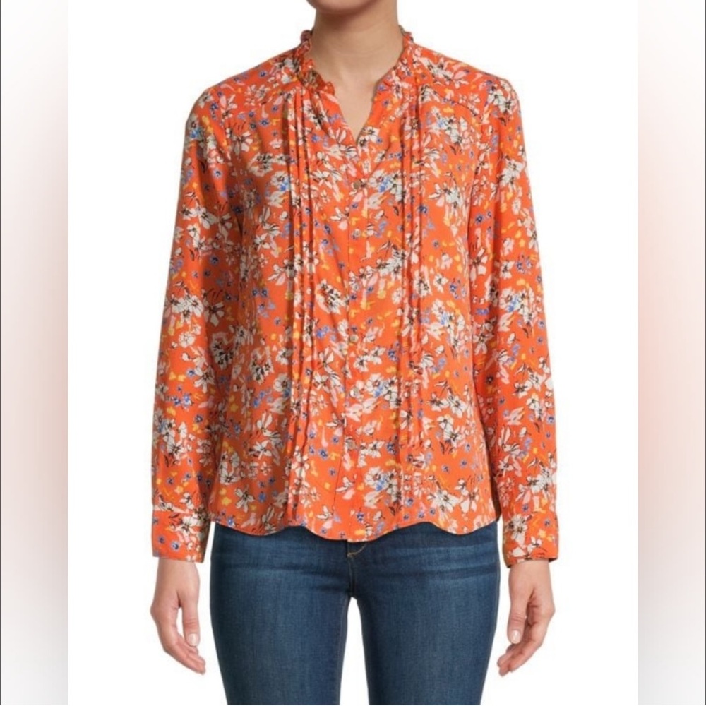Nanette Lepore Blouse Pin Tuck Split Neck Long Sleeve Shirt Floral Print Small